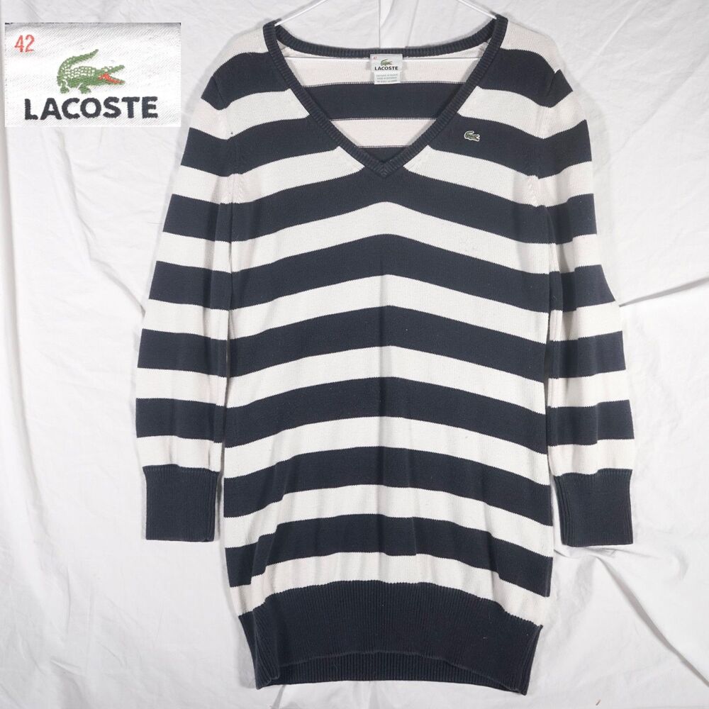 Lacoste Striped Sweater Dress White Black Crocodile V-Neck Womens 42
